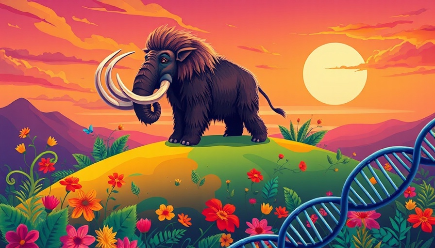 A colorful cartoon woolly mammoth with a DNA strand under a vibrant sky.
