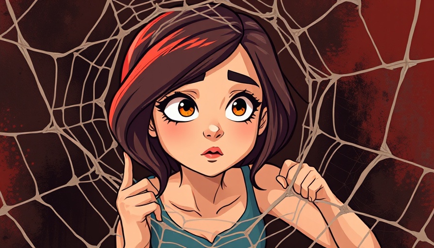 Stylized illustration of young woman entangled in web, breaking free concept.