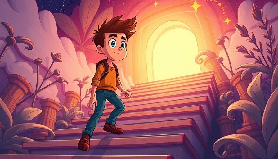 Colorful illustration of a wanderer archetype climbing book stairs towards growth.