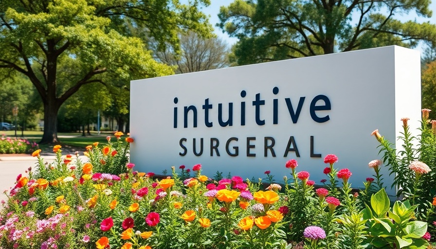 Intuitive Surgical sign with colorful flowers, sunny setting.