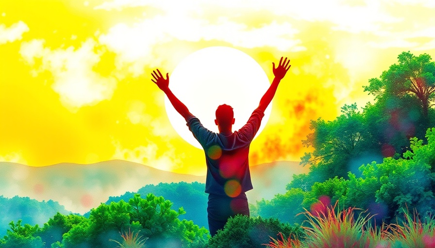 Silhouette figure celebrates amidst vibrant landscape, inspiring confidence.
