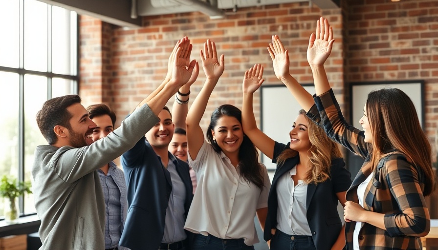 Team celebrating with high-fives in an urban office setting.
