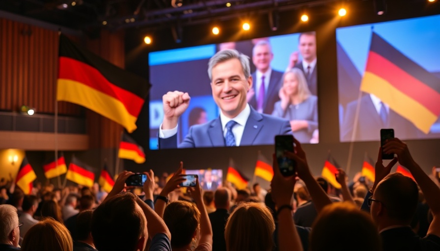 Audience viewing political event with smiling man on large screen, German flags visible.