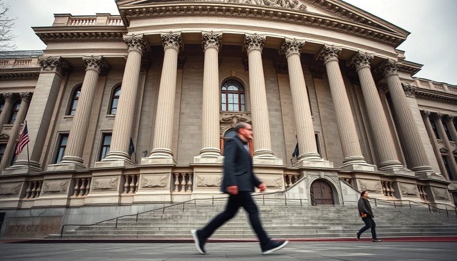Blurred man walking by Treasury building, conflict of interest treasury department.