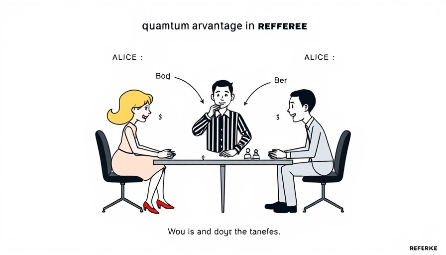 Quantum Advantage in Games: Alice, Bob, and Referee diagram in cartoon style.
