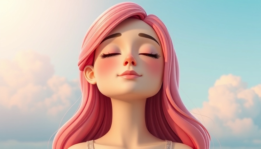Serene woman breathing deeply in a pastel cloud background.