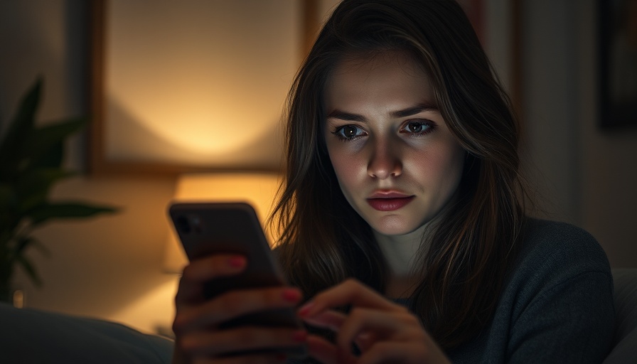 Young woman focused on smartphone in dim room, highlighting digital engrossment.