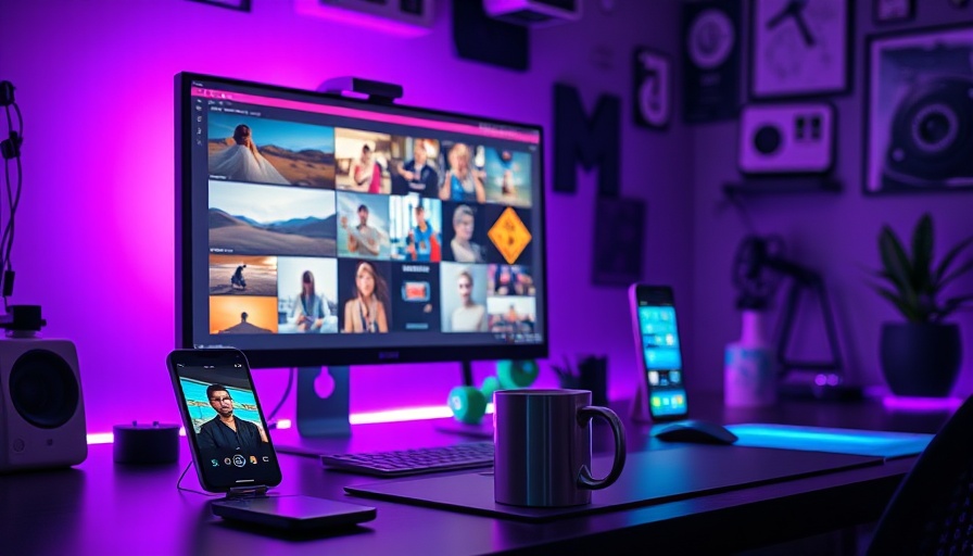 Futuristic workspace with glowing devices and vibrant colors.