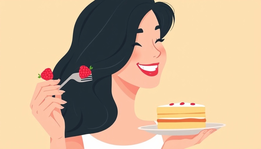 Woman enjoying dessert, changing your relationship with food, illustration