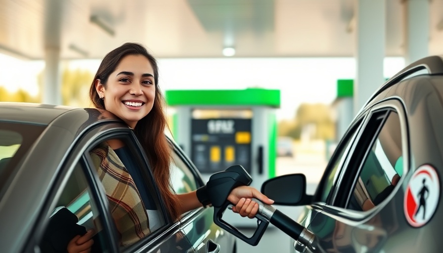 Young woman at gas station exemplifying gas savings 2025.