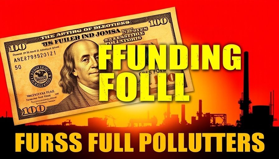 Protest against fossil fuel funding with currency and industrial imagery.