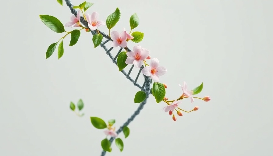 Evo 2 AI for Biology: DNA helix with plants and flowers on grey background.