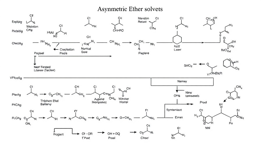 Asymmetric ether solvents synthesis pathway for lithium batteries.