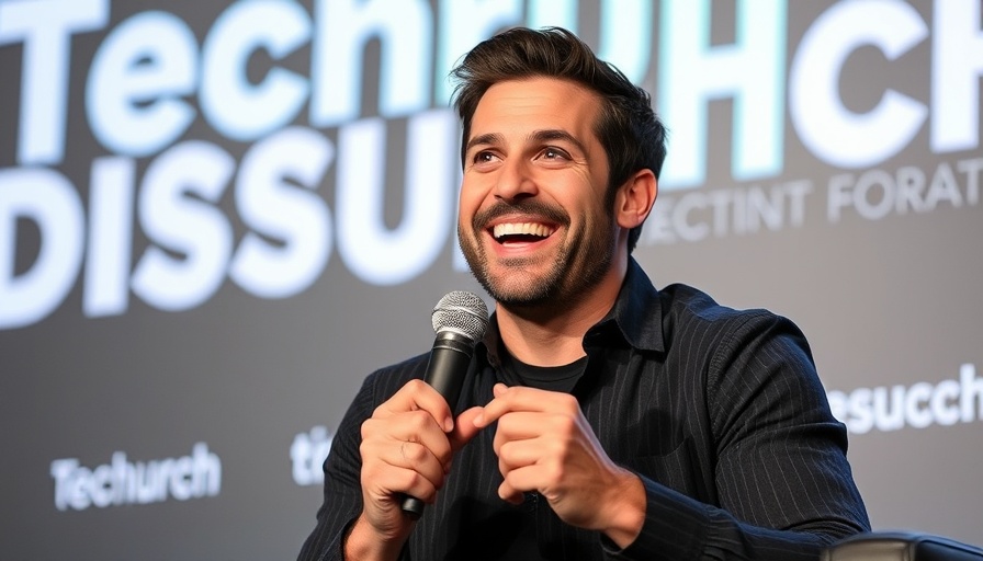 Charismatic speaker at TechCrunch Disrupt with microphone, smiling.