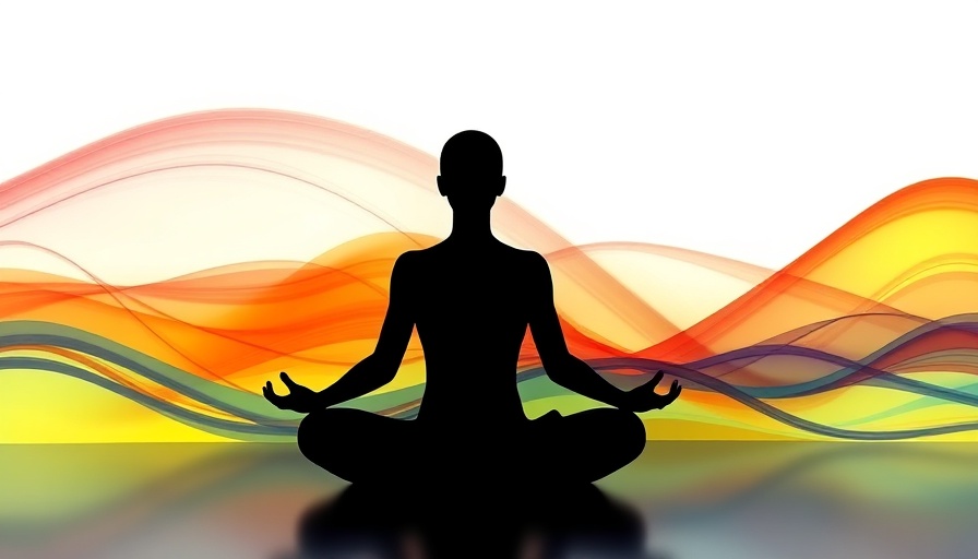 Abstract art of silhouette meditating amid colorful waves, serenity.