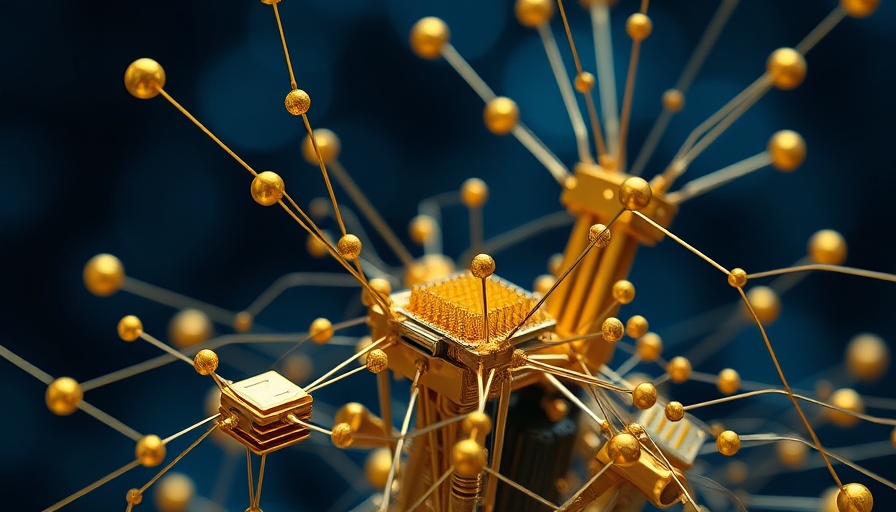 Complex gold quantum parts connected with wires, futuristic tech.