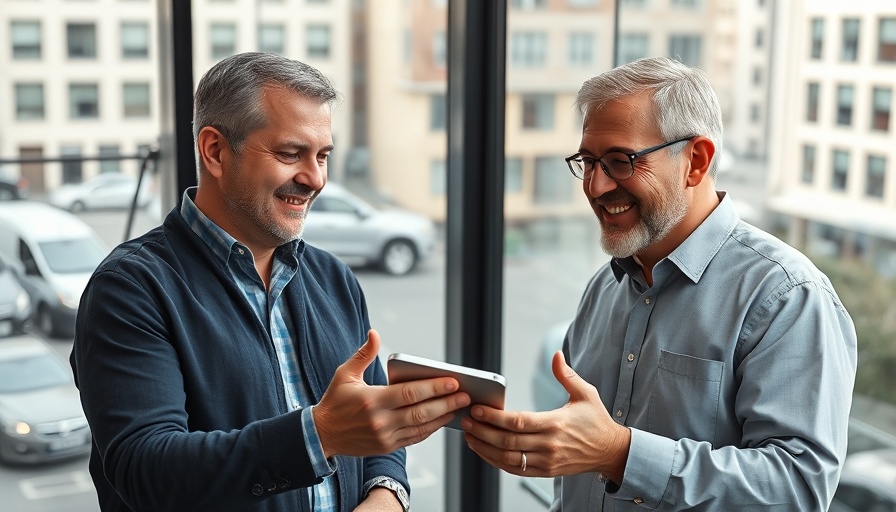 Two men discussing a privacy-friendly AI assistant in a modern office.