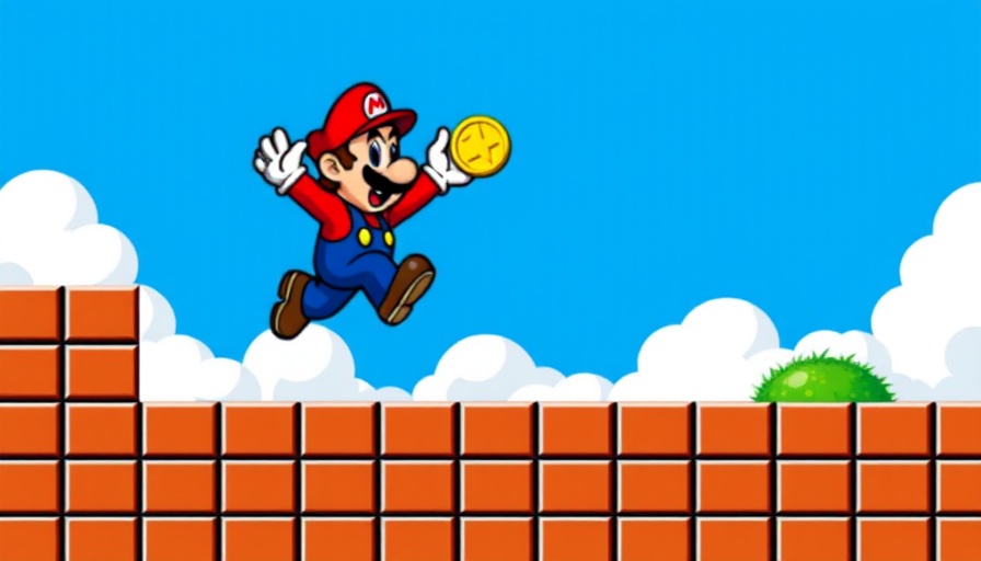 Retro Super Mario jumping for a coin in an 8-bit game style, Super Mario AI Benchmarking.