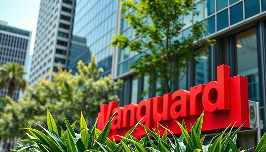 Vibrant Vanguard sign against urban greenery, Vanguard fee reductions.