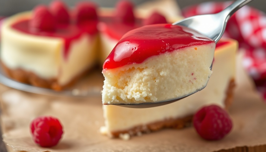 Close-up of a cheesecake topped with raspberries being served.