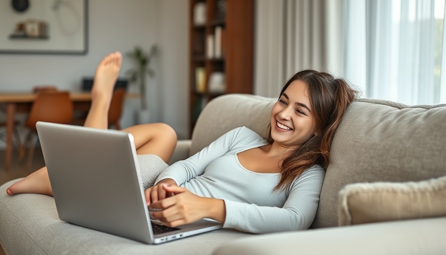 Young girl smiling using a laptop in a modern living room.