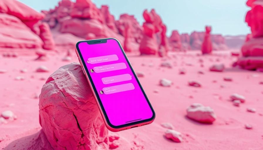 Digital chat interface phone in magenta desert, AI companionship theme.