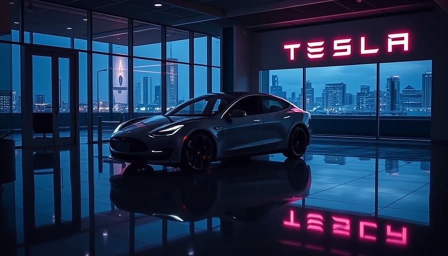 Tesla car in dimly lit showroom reflecting sales drop in China.