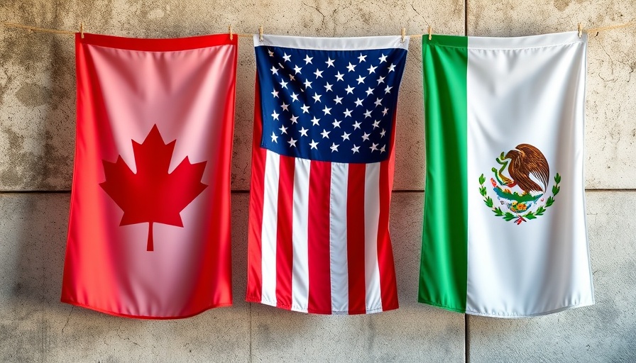 Flags of Canada, USA, and Mexico symbolizing Trump's Tariffs Impact on Mexico, hanging side by side.