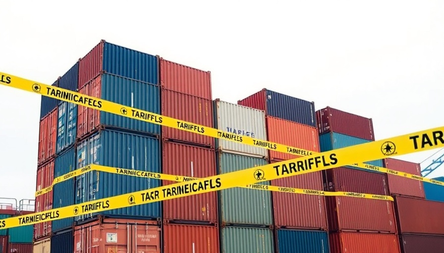 Shipping containers with 'TARIFFS' tape illustrating U.S. economy contracting.
