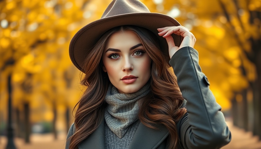 Stylish young woman confidently adjusting hat in autumn park.