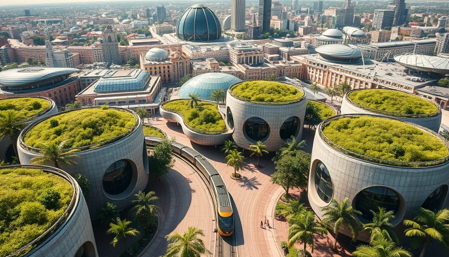 Aerial view of Denmark's robot city with green rooftops and a tram.