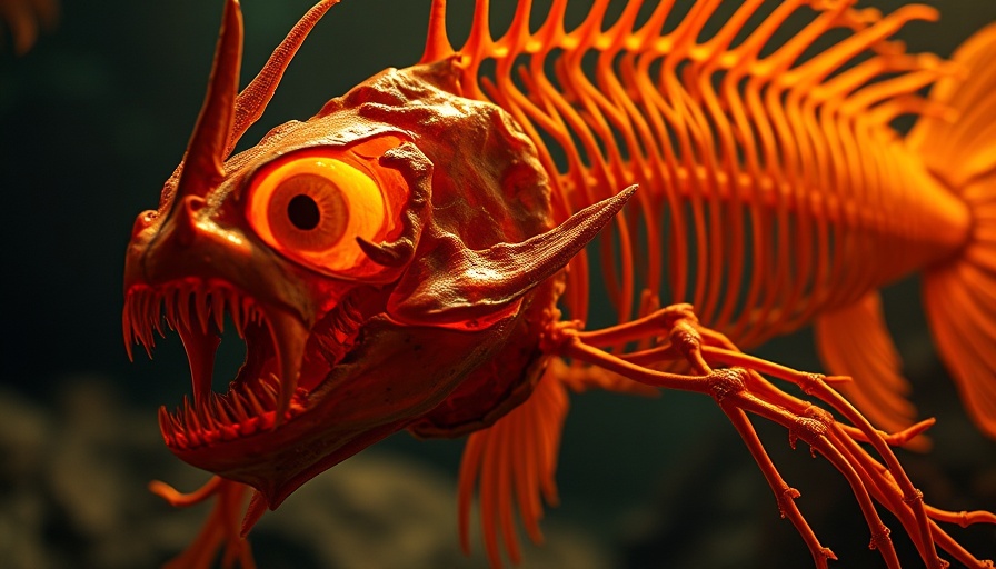 Deep-sea fish skeleton from the Mariana Trench in dark waters.
