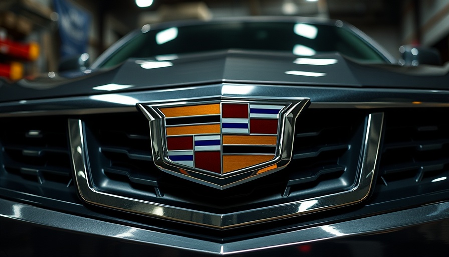 Cadillac emblem showcasing brand luxury in industrial setting.