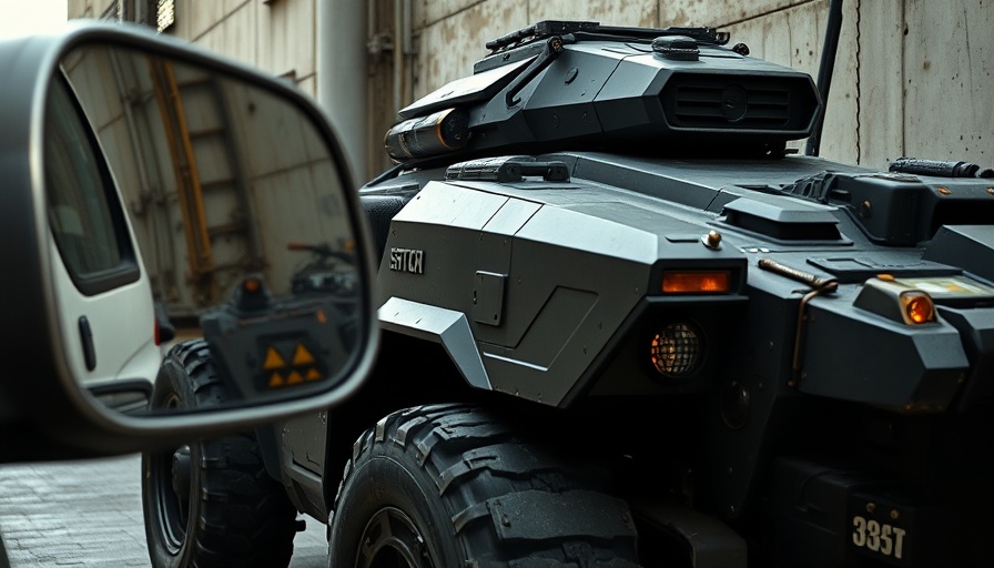 Side mirror reflects a futuristic vehicle on urban streets.