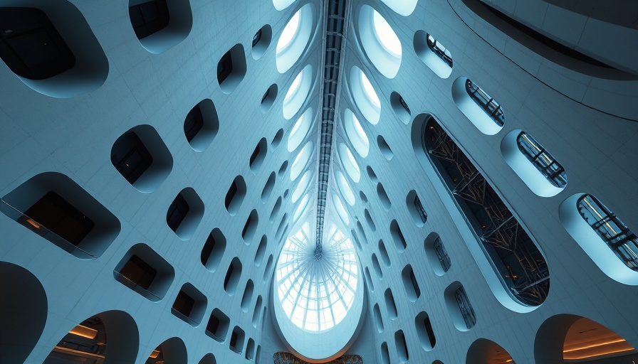 Futuristic architecture embodies emerging technologies in cool tones.