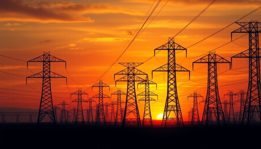 High-voltage power lines silhouetted at sunset, representing power grid upgrade for AI technology.