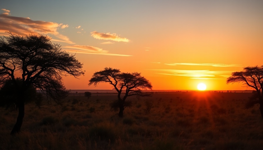Serene African sunset with silhouetted trees in Africa.