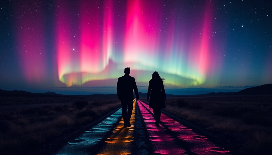 Silhouetted figures under a vibrant aurora, letting go as an act of love.