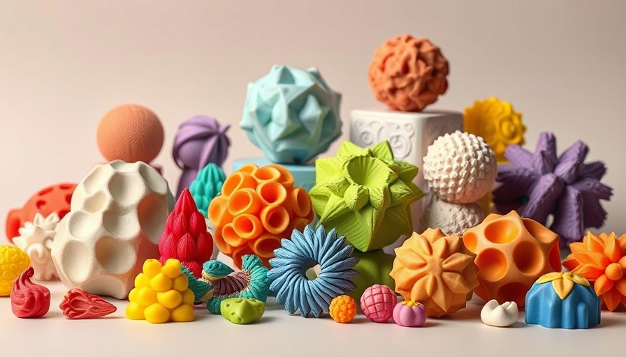 Colorful 3D-printed objects in various shapes showcased.