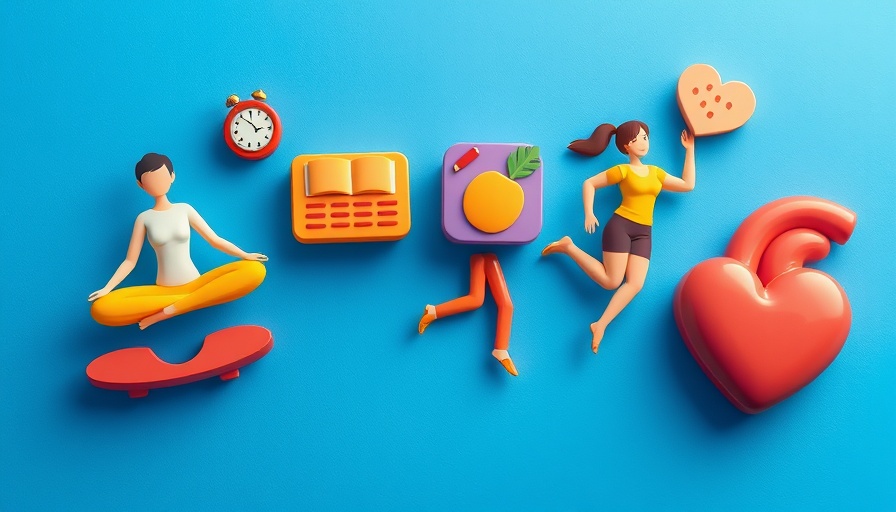 Colorful icons illustrating holistic health tips on a blue background.