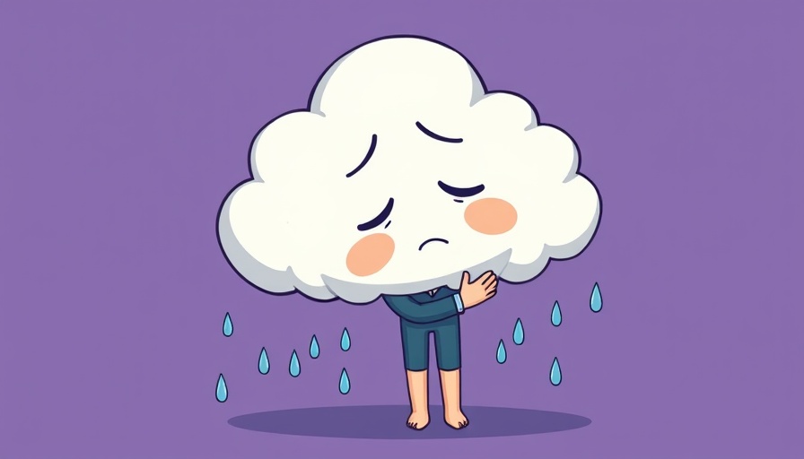 Sad cartoon cloud comforting a lonely person with raindrops, overcoming loneliness concept.