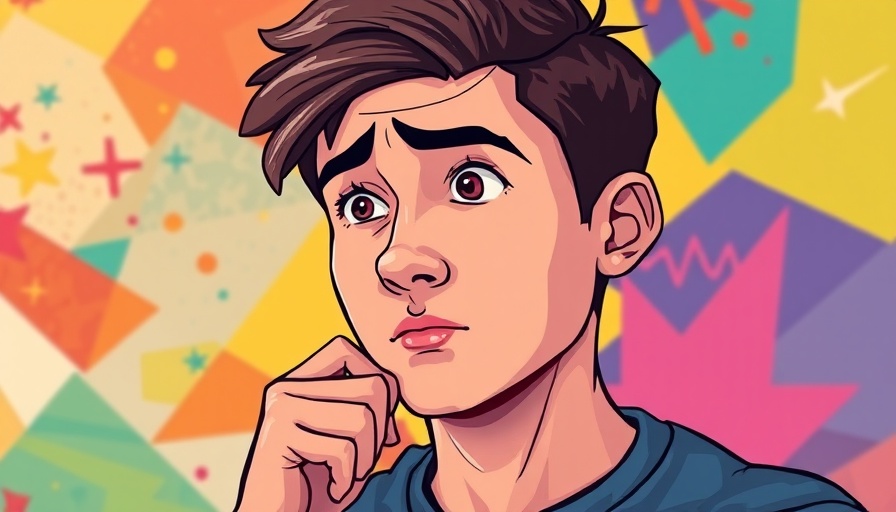 Thoughtful young man with decision-making anxiety in colorful abstract setting.