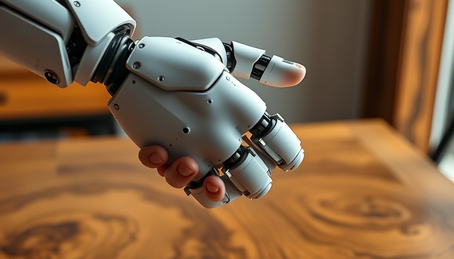 Robotic hand with electronic skin shaking a human hand.