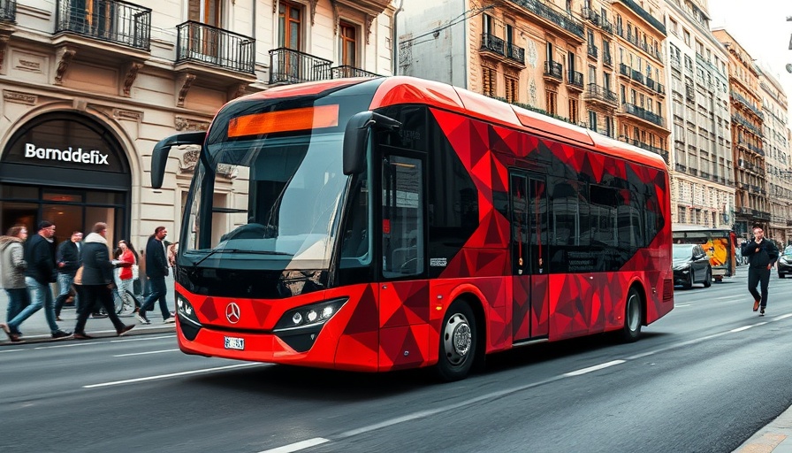 Futuristic driverless bus in Barcelona city with unique red design.