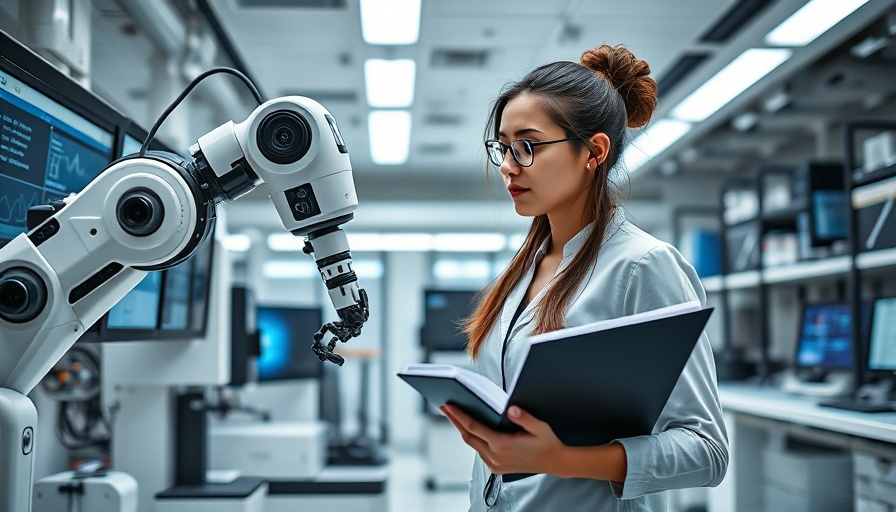Laboratory scene with robotic arm, woman testing technology.