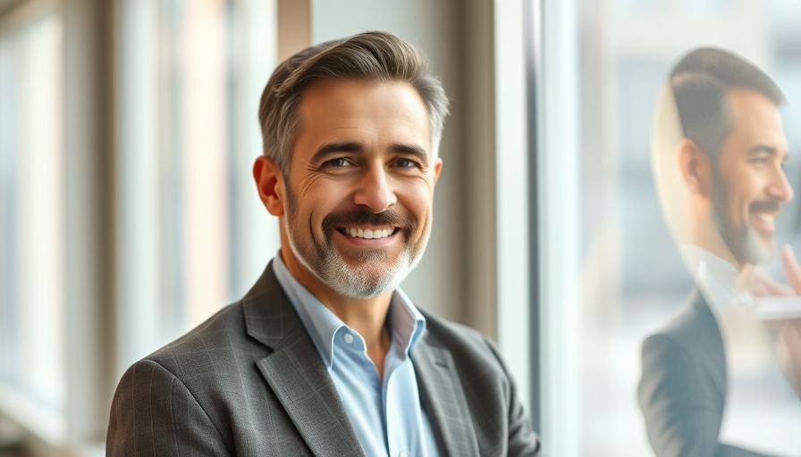 Smiling man discussing social capital optimization in an office.