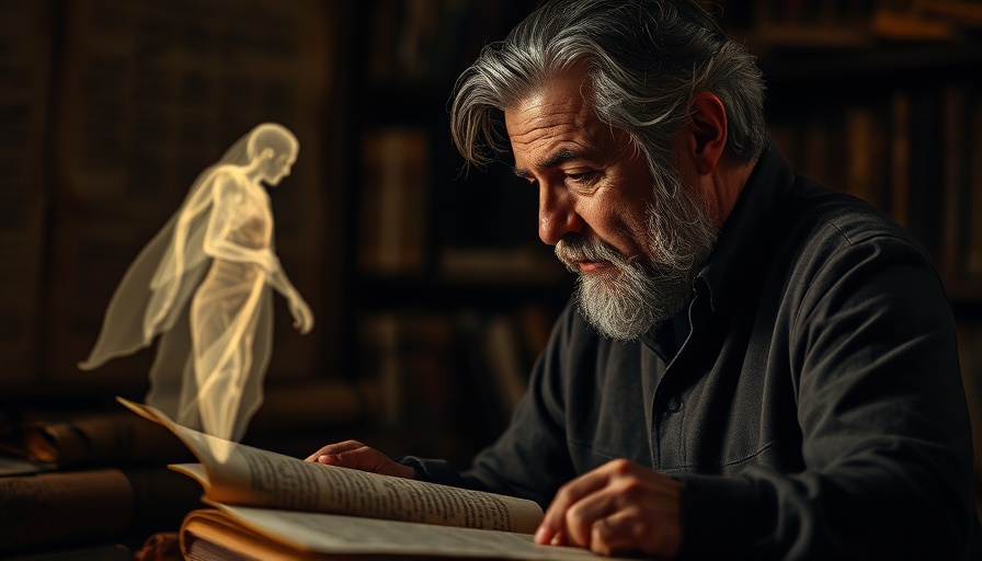 Lost Gospel of Thomas manuscript with thoughtful man and ethereal figure.