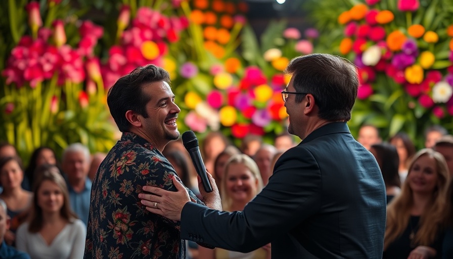Joyful speaker with floral backdrop discussing meditation for personal transformation.