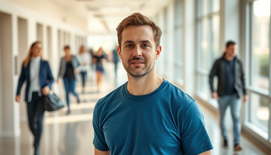 Confident man in blue shirt discussing healing from PTSD, bright hallway.