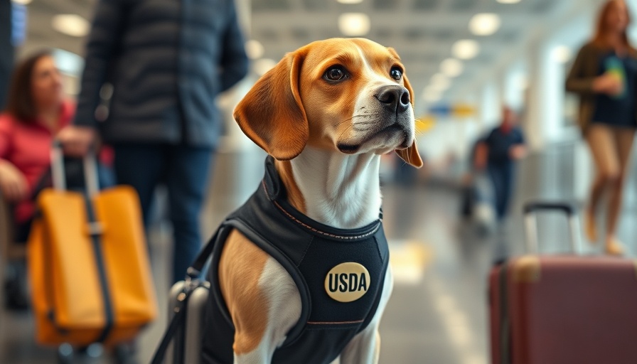 Beagle in USDA vest at airport amidst travelers.